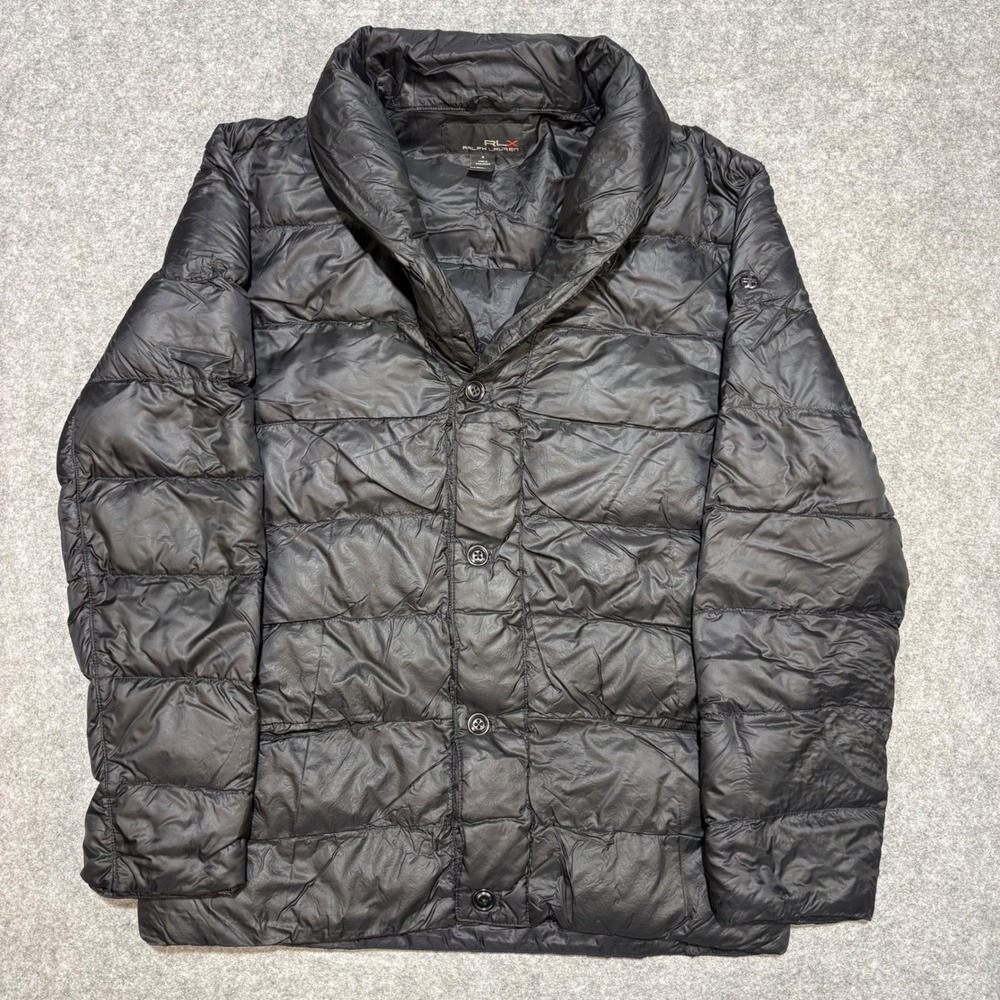 RLX Ralph Lauren Mens Black Quilted Puffer Jacket Shawl Collar Button Front M